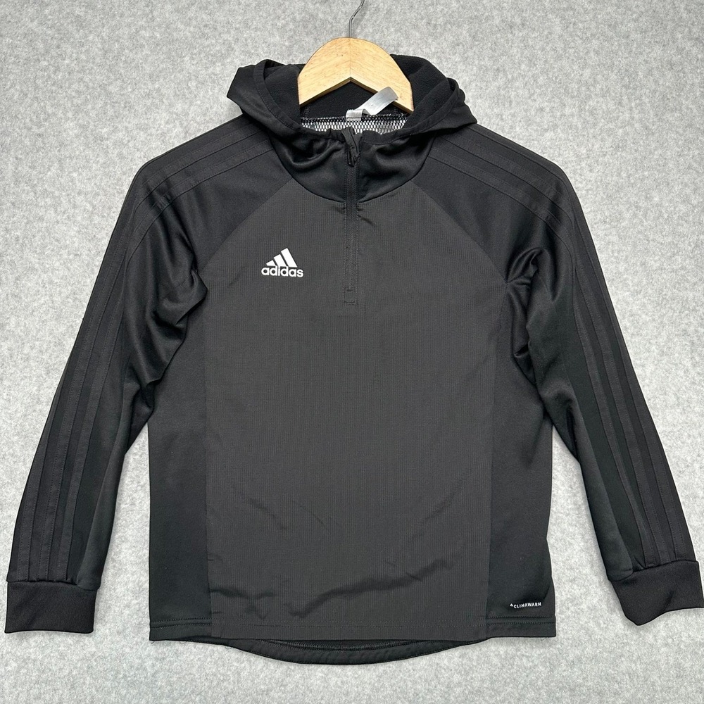 Kids Adidas ClimaWarm Black Athletic Hoodie Pullover Long Sleeve Size S 9-10Y